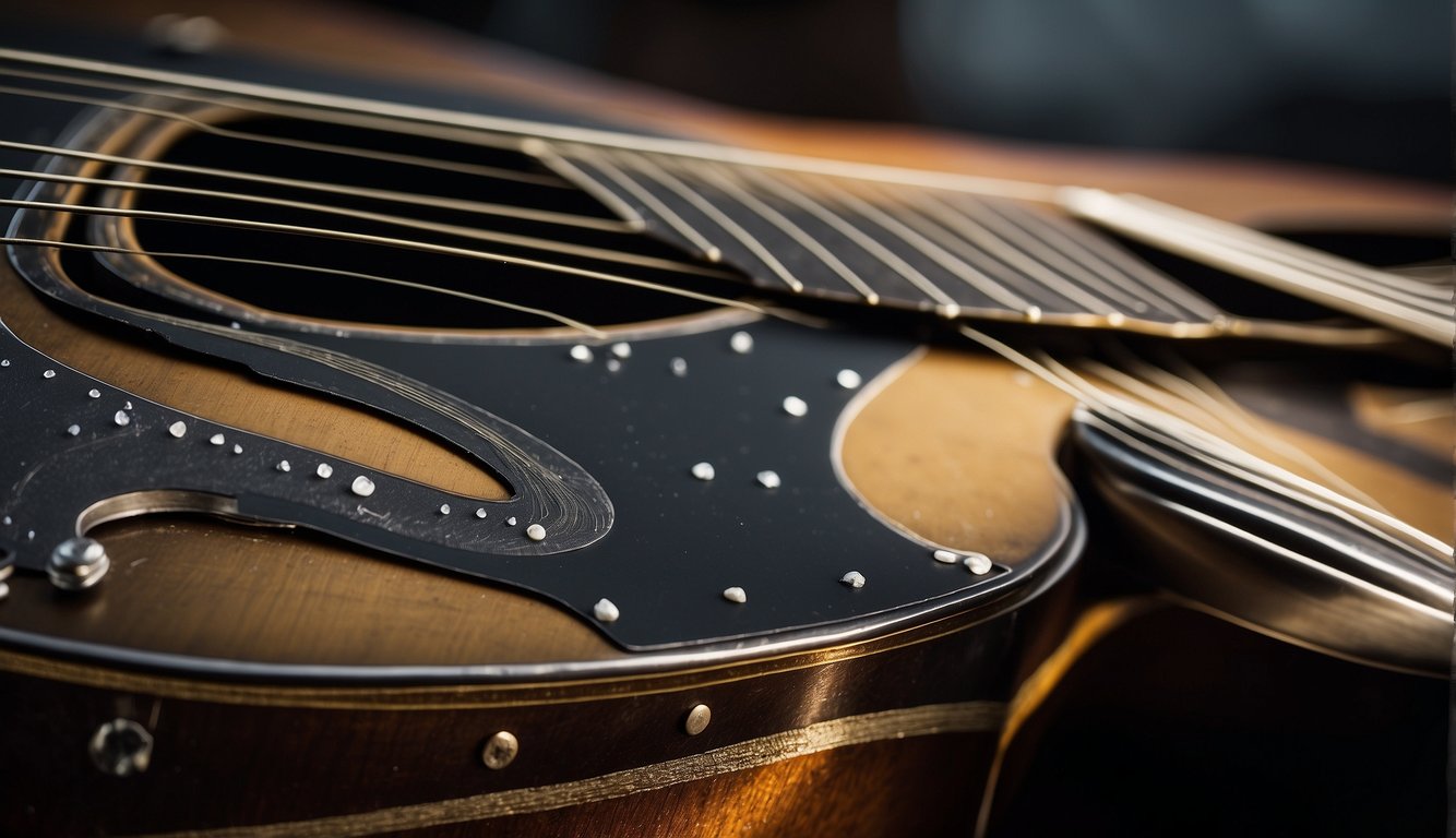 Guitar strings oxidize, turning black and corroding over time. The metal surface becomes rough and loses its shine, affecting the sound quality. Regular cleaning and maintenance can prevent this