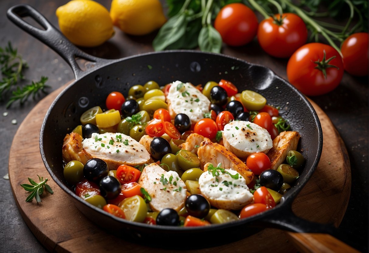 A skillet sizzling with chicken, tomatoes, olives, and herbs. A lemon wedge and a sprinkle of feta cheese add the finishing touches