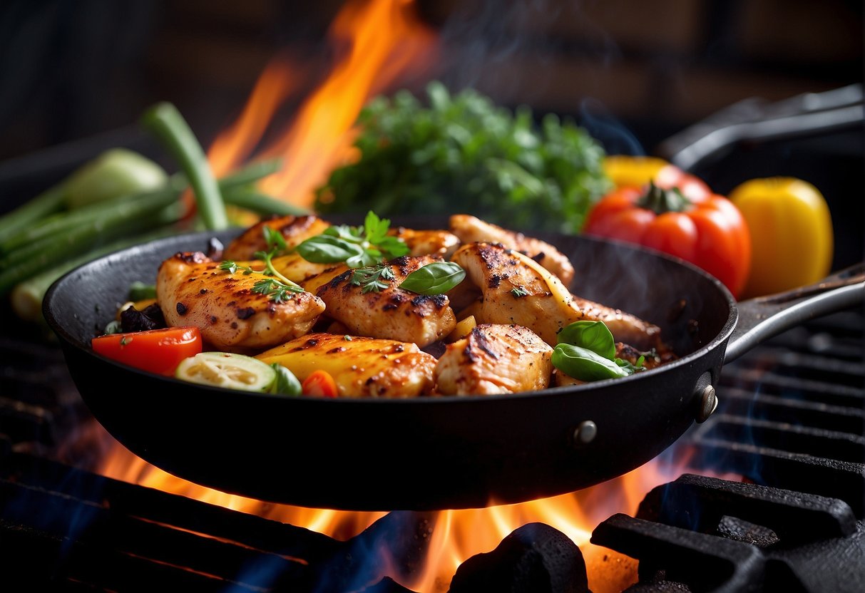 Sizzling chicken, colorful veggies, and aromatic herbs cooking in a sizzling skillet over a gas flame