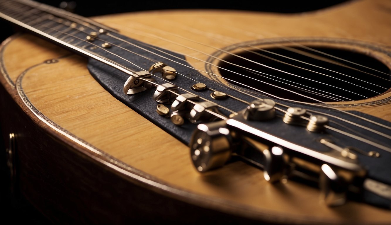 Old guitar strings sag and lose their shine, creating a dull sound when plucked. Rust and wear are visible, causing the notes to buzz and lack clarity
