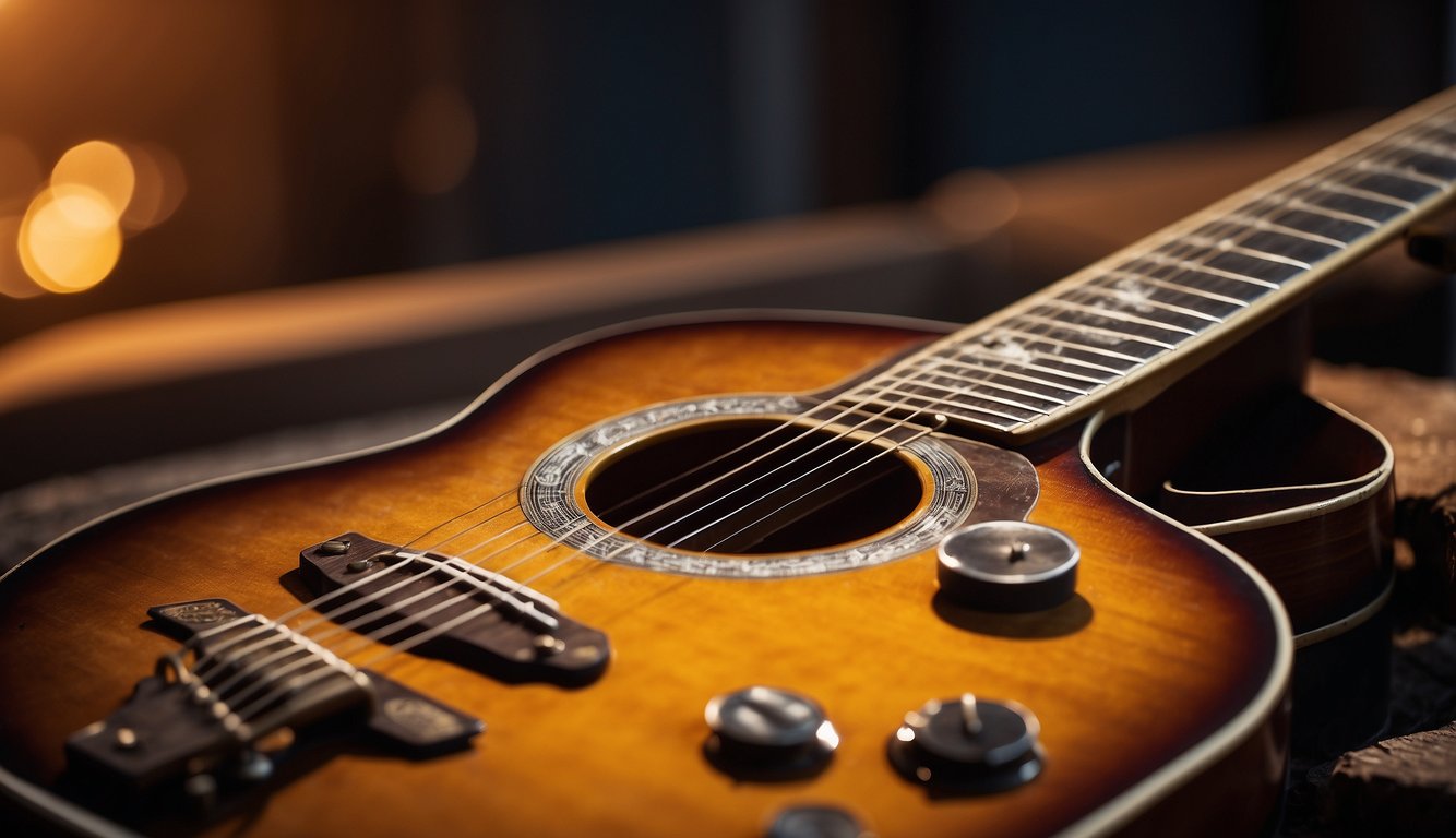 A neglected guitar with rusty, worn-out strings sits in a dusty corner, while a well-maintained guitar with fresh strings shines in the spotlight