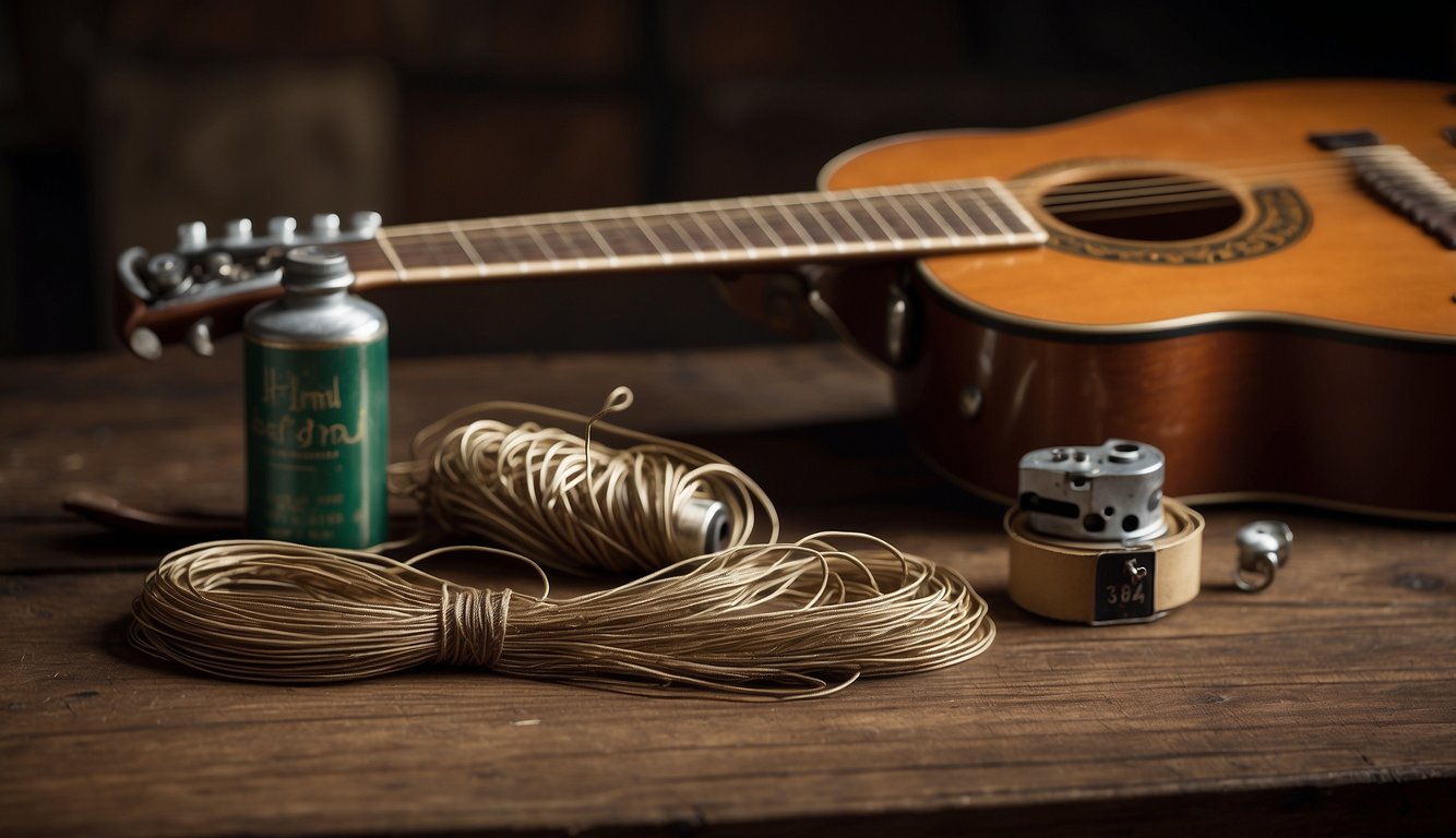 Guitar strings lie tangled on a dusty table. Some are rusty and frayed, while others gleam with fresh shine. A bottle of string cleaner sits nearby, along with a set of string winders and cutters