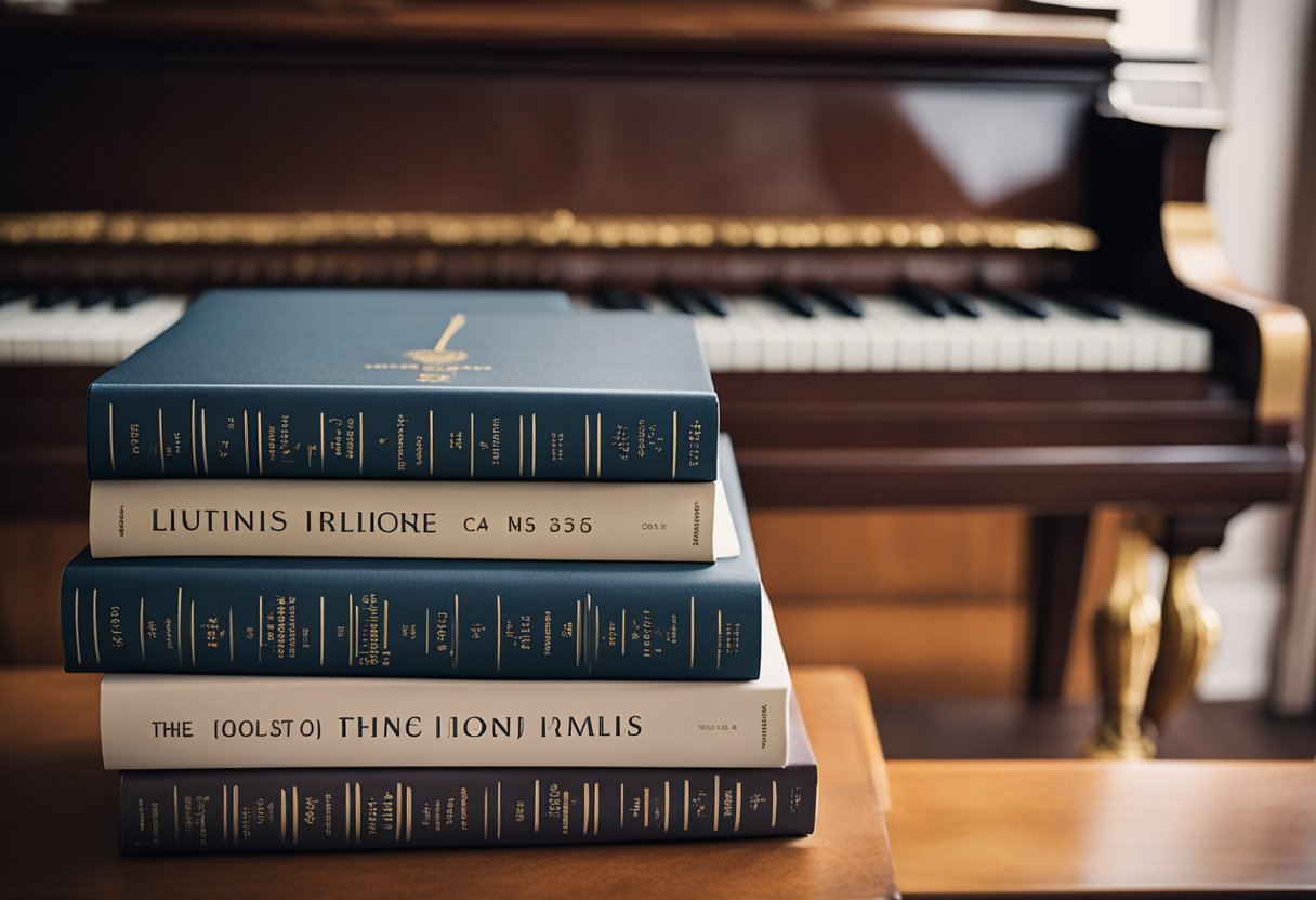 A stack of classic piano method books sits on a polished wooden piano bench. The titles are neatly lined up, and the covers display musical notation and imagery
