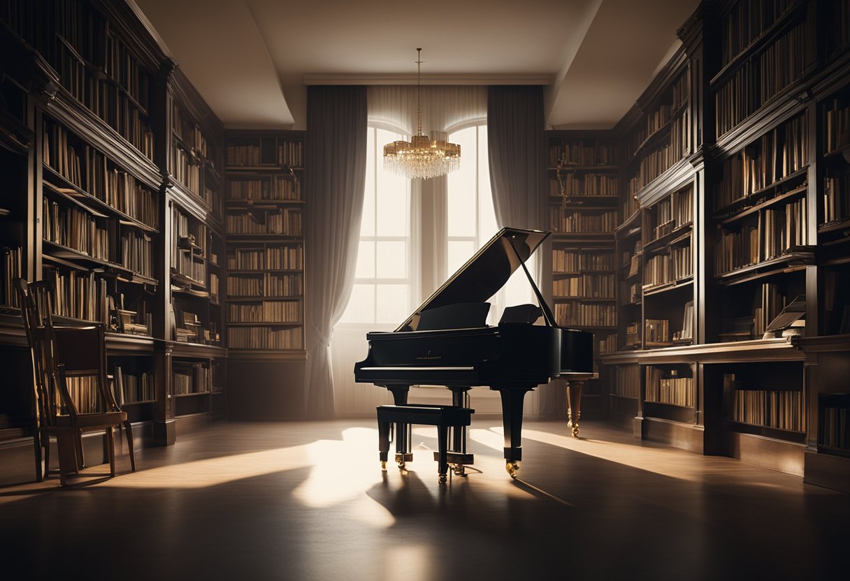 A grand piano sits in the center of a dimly lit room, its keys and strings glistening under the soft glow of a spotlight. Surrounding the piano are shelves filled with sheet music, showcasing a collection of genre-specific piano literature