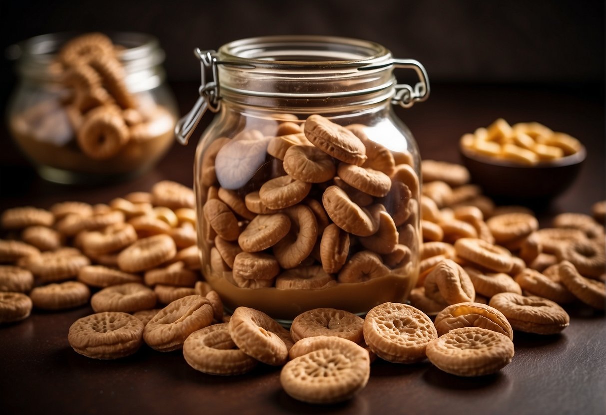 A jar of peanut butter surrounded by chunks of chocolate and cheerios