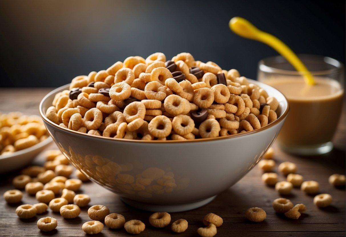 A bowl filled with cheerios, drizzled with peanut butter and chocolate, ready to be mixed into crunchy chunks