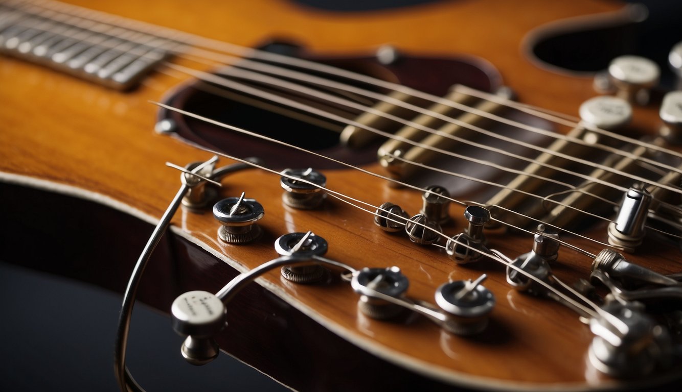 Guitar strings stretch across the fretboard, one end anchored to the tuning pegs. The tension causes them to vibrate when plucked, producing sound