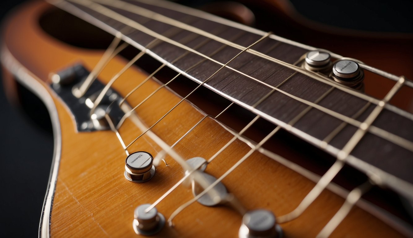 Guitar strings under tension on a fretboard, with a close-up of the strings showing signs of wear and potential breakage
