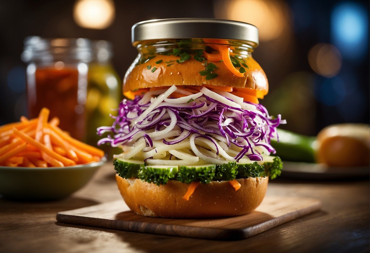 A jar of pickled vegetables spills onto a sandwich, dripping with tangy slaw. The vibrant colors and textures create a mouthwatering visual feast
