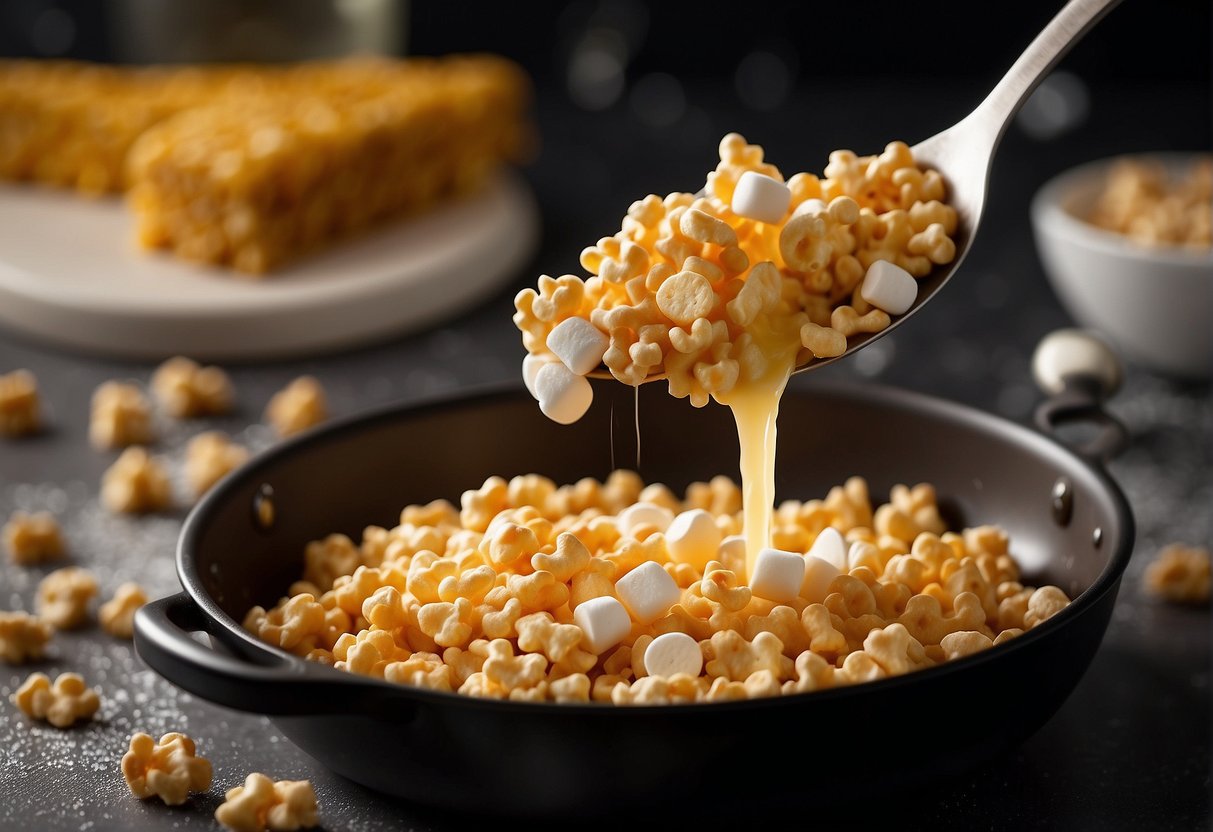Melted butter bubbles in a saucepan. Butterscotch chips and marshmallows melt together. Rice Krispies are added and stirred until coated. The mixture is pressed into a pan and left to set