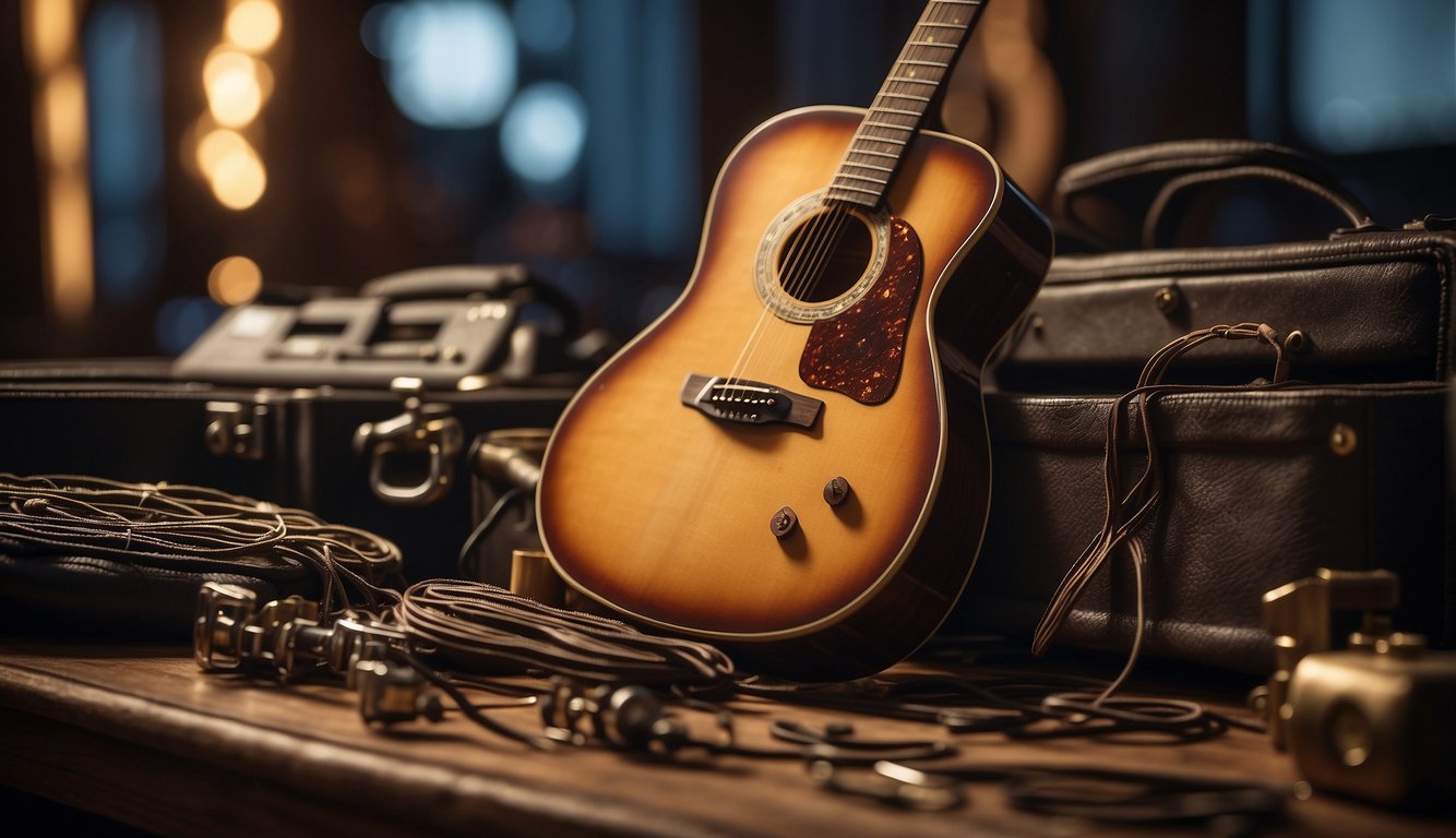 A guitar resting on a stand, with broken strings lying nearby. A toolbox with string winding tools and a pack of new strings
