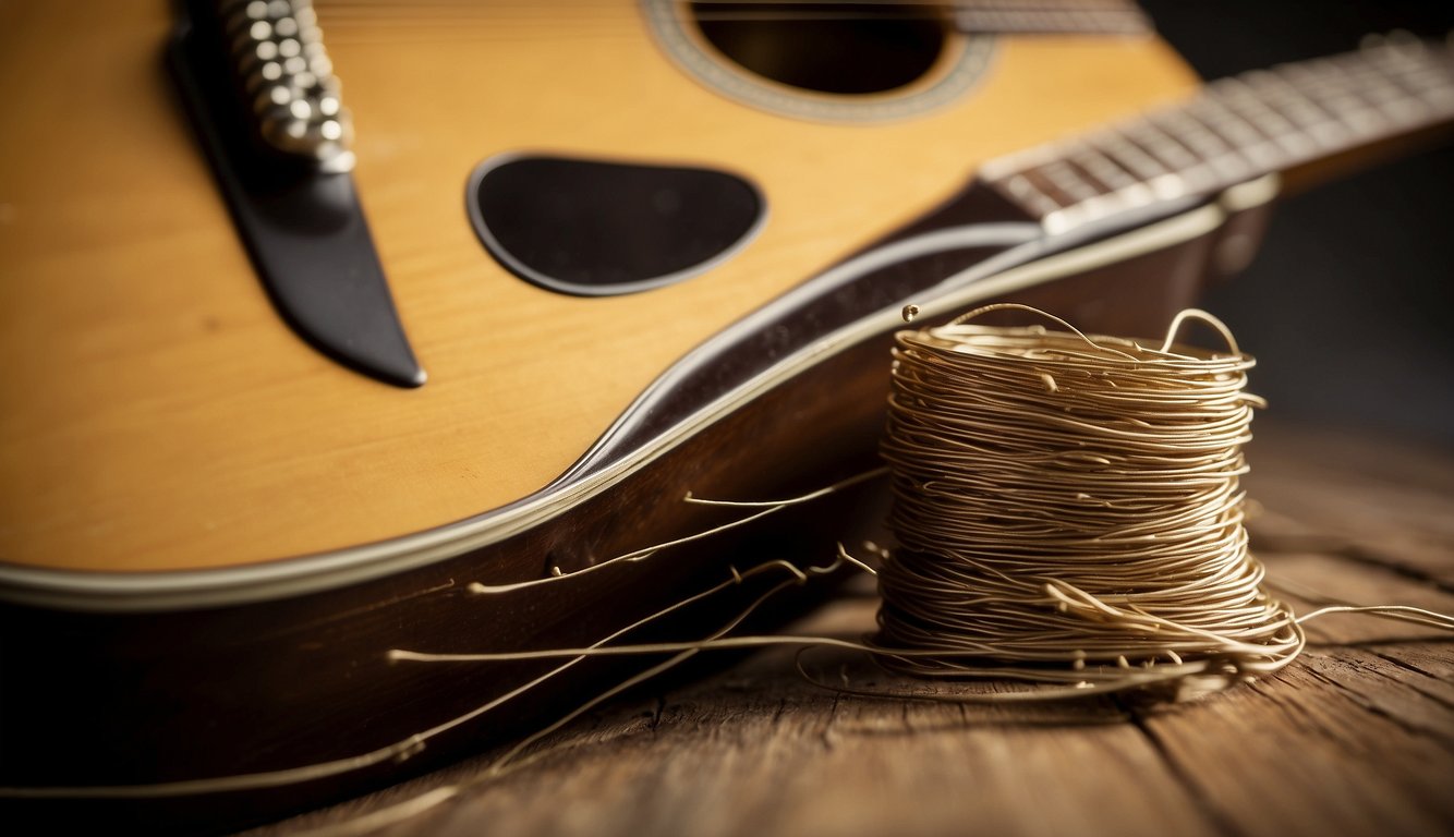 A broken guitar string lies on a wooden surface next to a guitar tuner and a pack of new strings. A hand reaches for the broken string while a guitar sits in the background