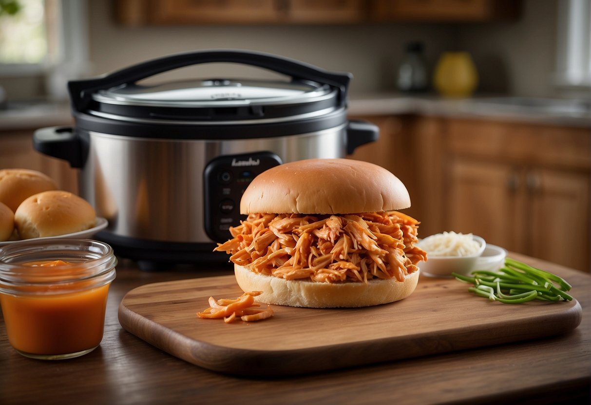 A crock pot sits on a kitchen counter, filled with shredded buffalo chicken. A stack of sandwich buns and a bottle of hot sauce are nearby