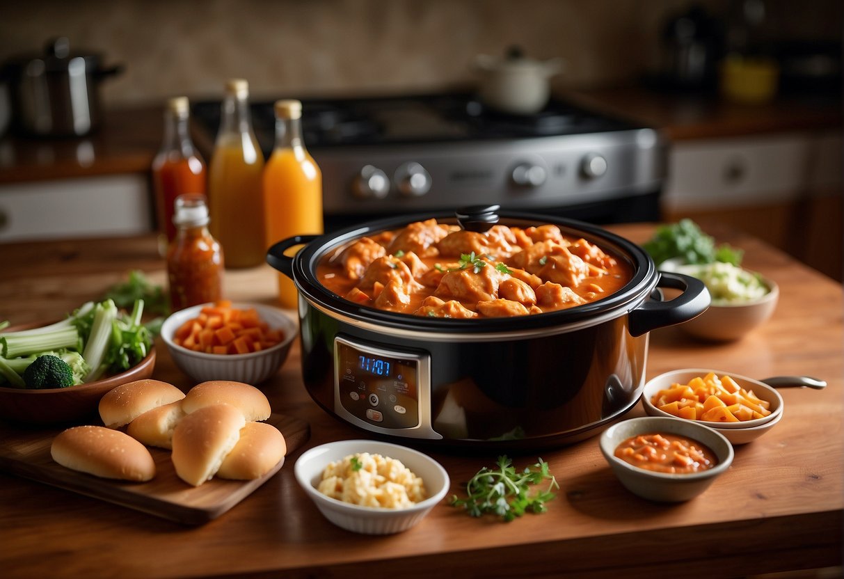 A crock pot filled with buffalo chicken, buns, and condiments on a kitchen counter