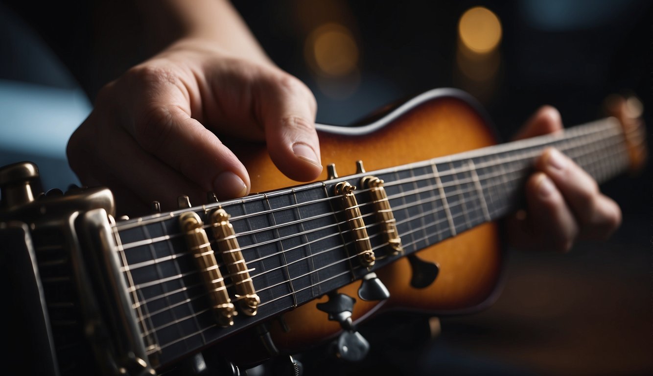 A hand reaches for the tuning pegs on a guitar, twisting them to tighten the strings without affecting the tuning. The strings are taut and the guitar is ready for playing