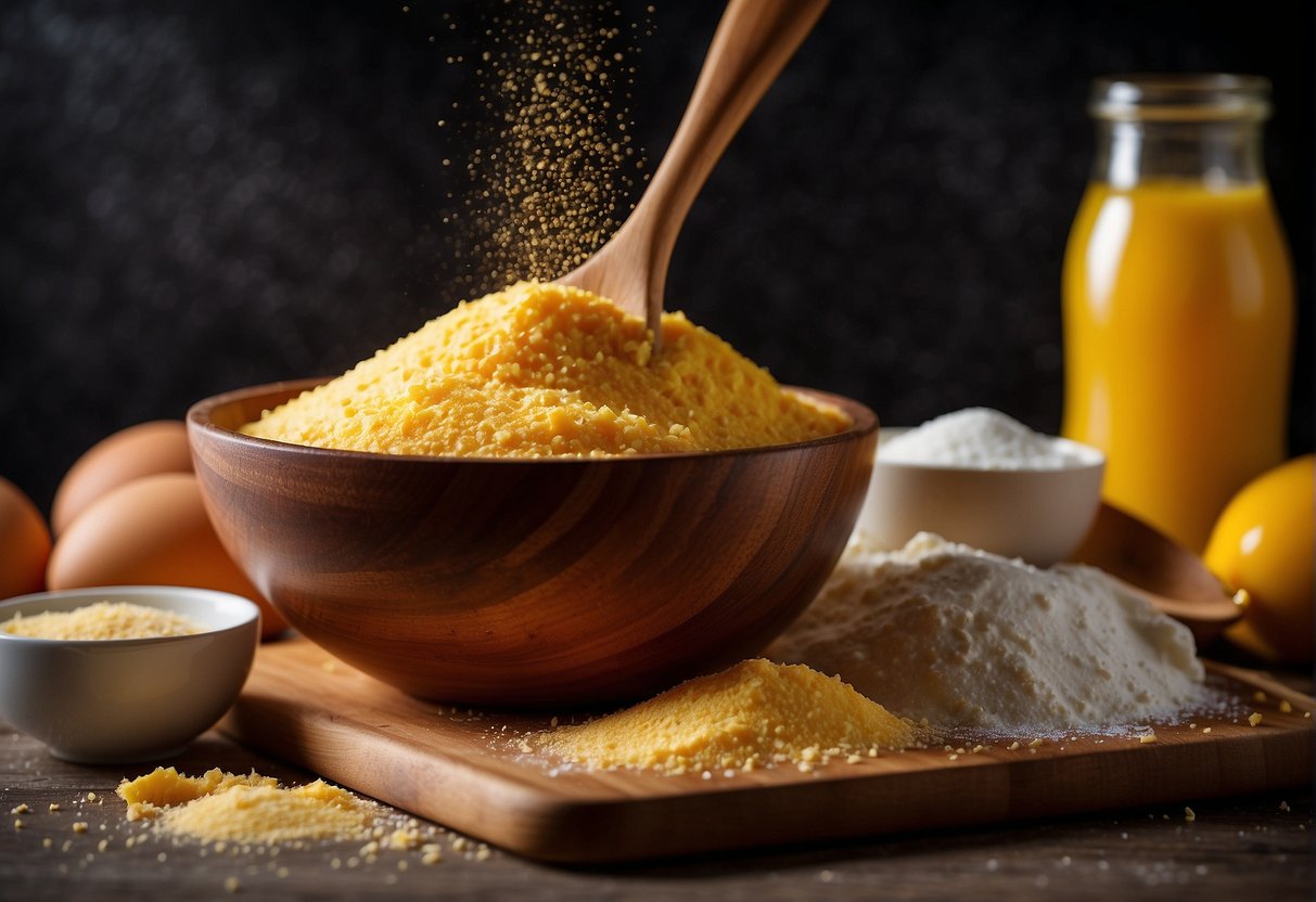 A mixing bowl with cornmeal, flour, sugar, baking powder, salt, buttermilk, eggs, and melted butter. A wooden spoon mixing the ingredients together