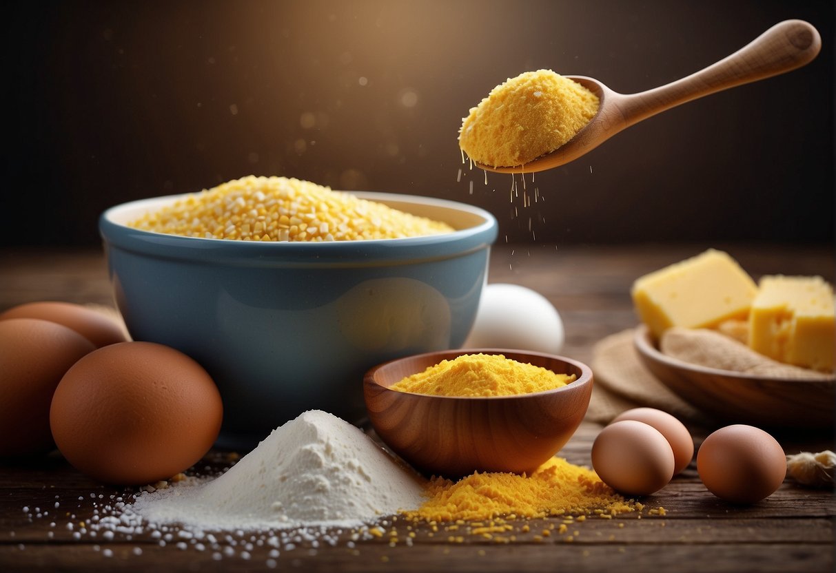 A mixing bowl with cornmeal, flour, sugar, baking powder, salt, milk, eggs, and melted butter. A wooden spoon mixing the ingredients together