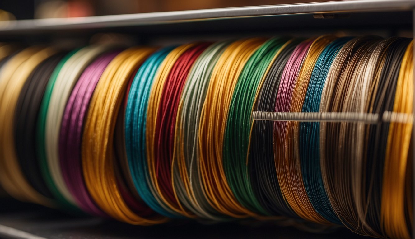 A pile of colorful guitar strings displayed on a store shelf, with price tags attached