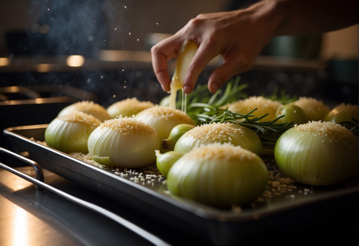 Onions being sliced, drizzled with olive oil, and sprinkled with grated parmesan cheese before being placed in the oven