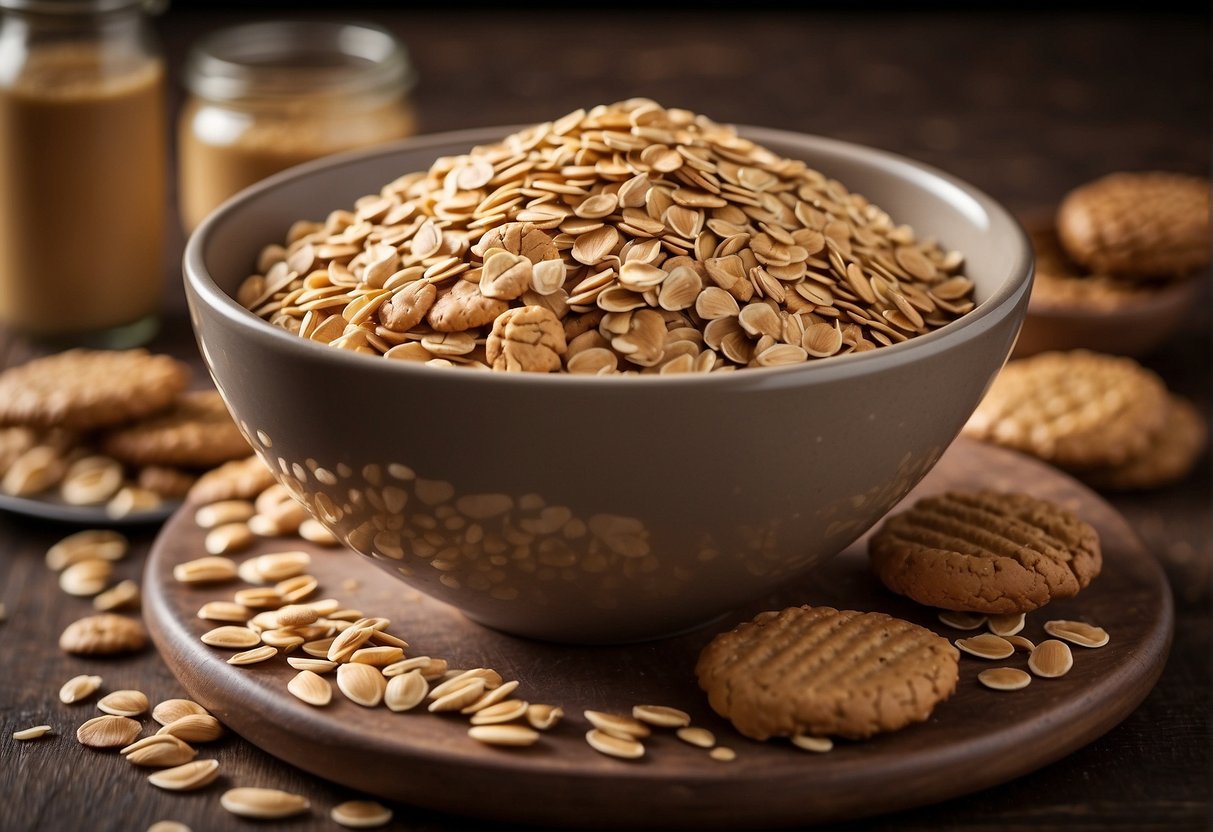 A mixing bowl filled with oats, peanut butter, and ingredients for oatmeal peanut butter cookies