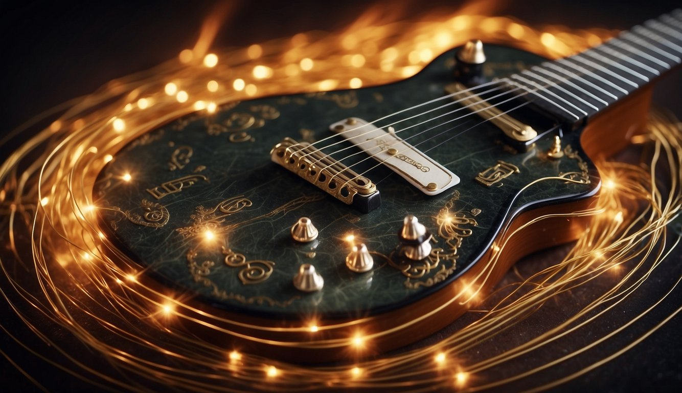 Boiling guitar strings creates a mythological scene with ancient symbols and historical context. The strings morph and twist, surrounded by swirling energy