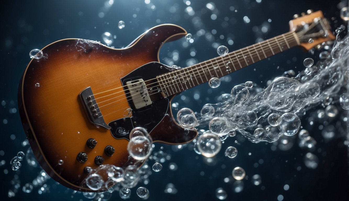 Guitar strings submerged in boiling water, bubbles rising, steam escaping