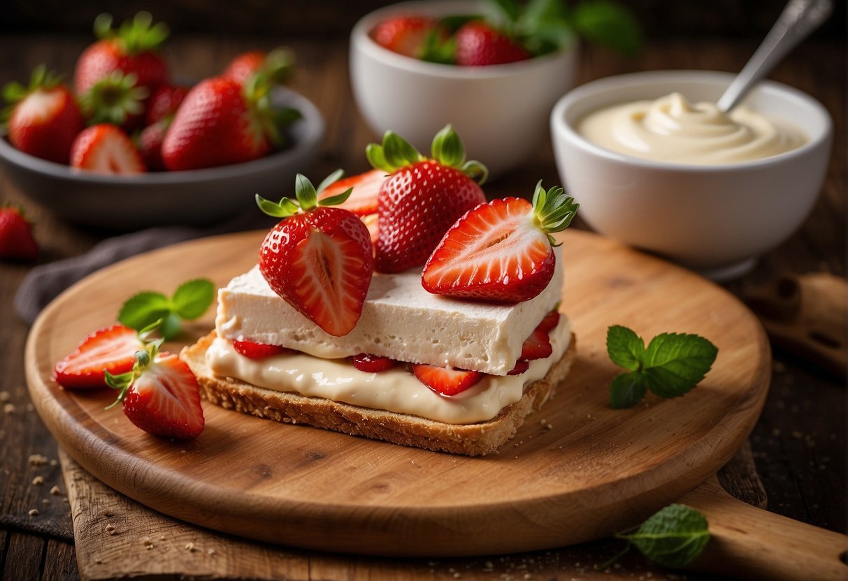A grilled strawberry cheesecake sandwich with ingredients and possible substitutions laid out on a wooden cutting board