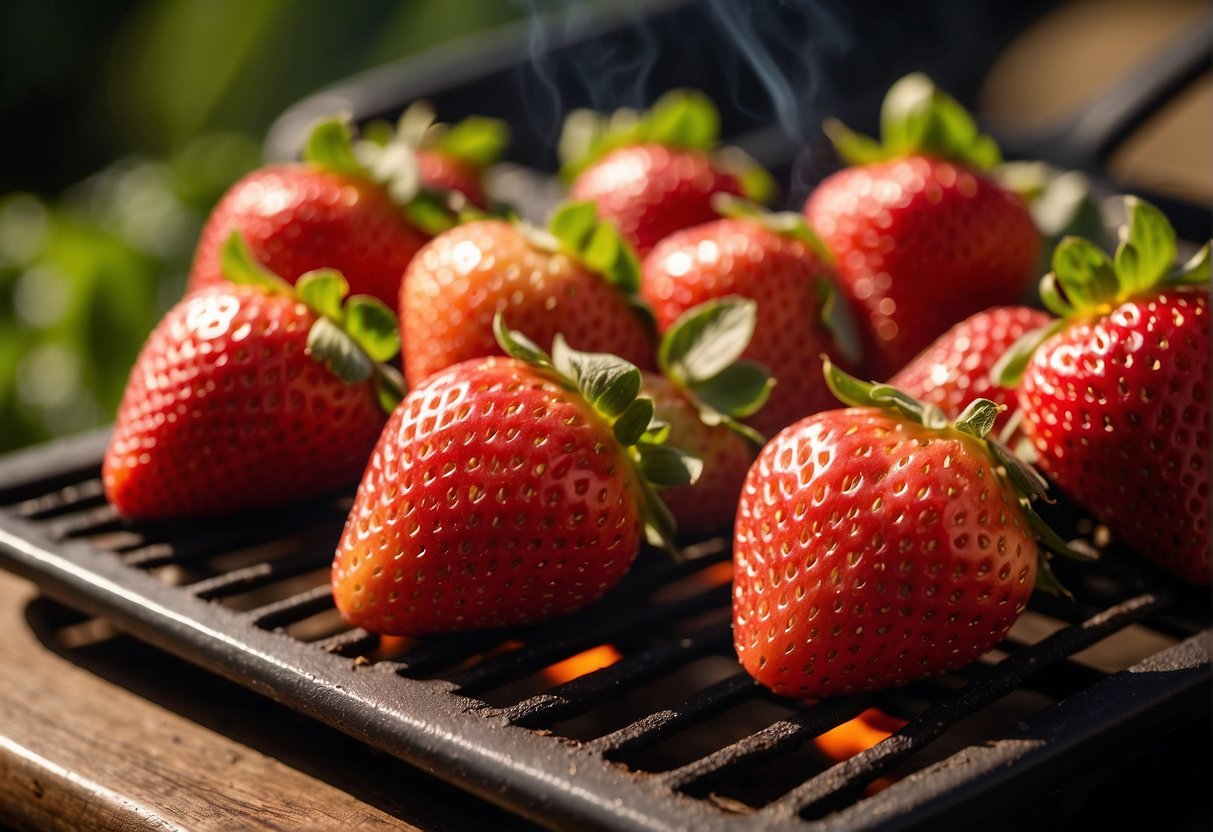 Fresh strawberries being grilled on a hot pan, while cheesecake filling is spread on slices of bread. Assembled sandwiches are toasted until golden brown