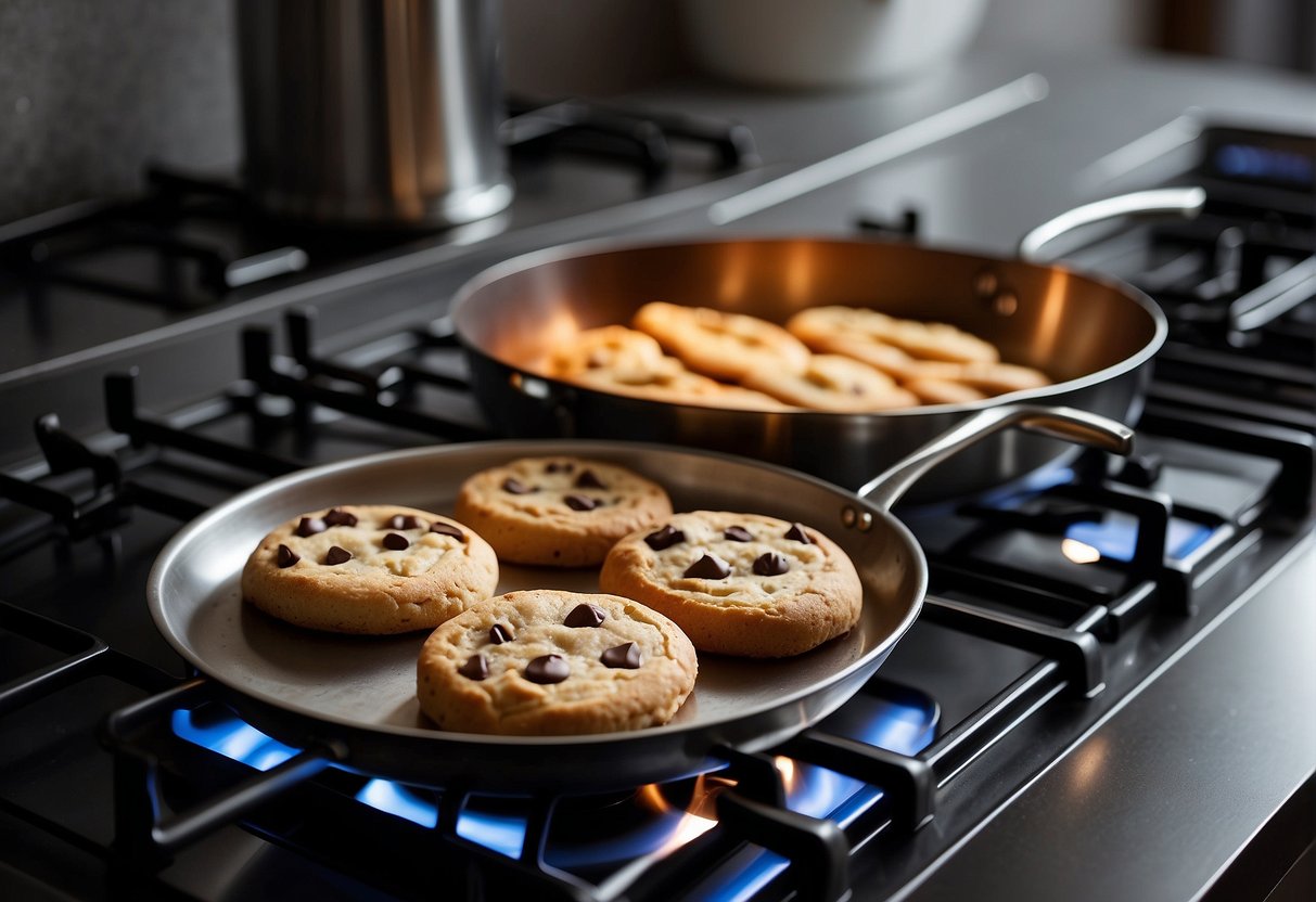 A saucepan heating on the stove, with cookies arranged on a baking sheet nearby