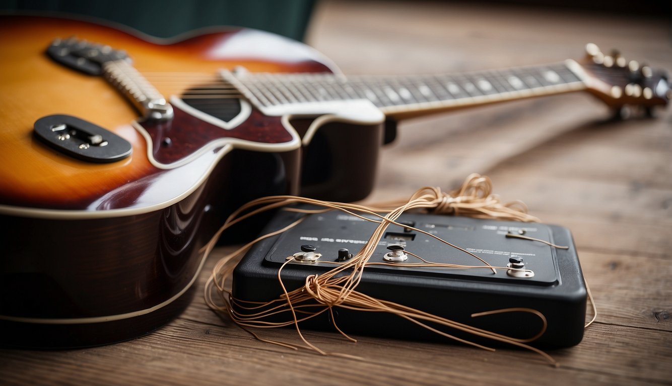 A broken guitar string lies on the floor next to a guitar. The guitar is propped up against an amplifier, with a pack of new strings nearby