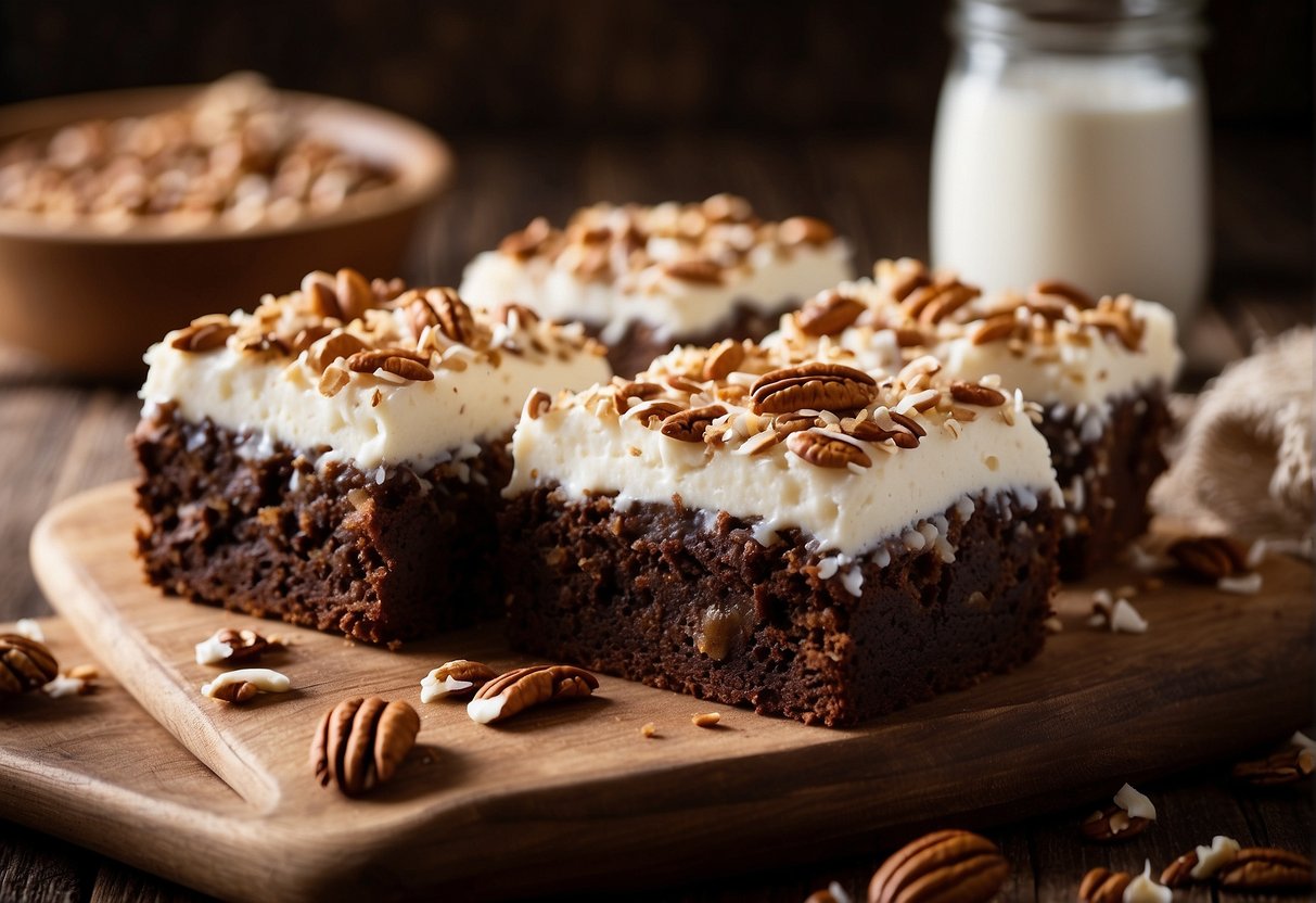 A pan of freshly baked coconut pecan brownies sits on a rustic wooden table, topped with a generous layer of creamy frosting and sprinkled with toasted coconut and pecans
