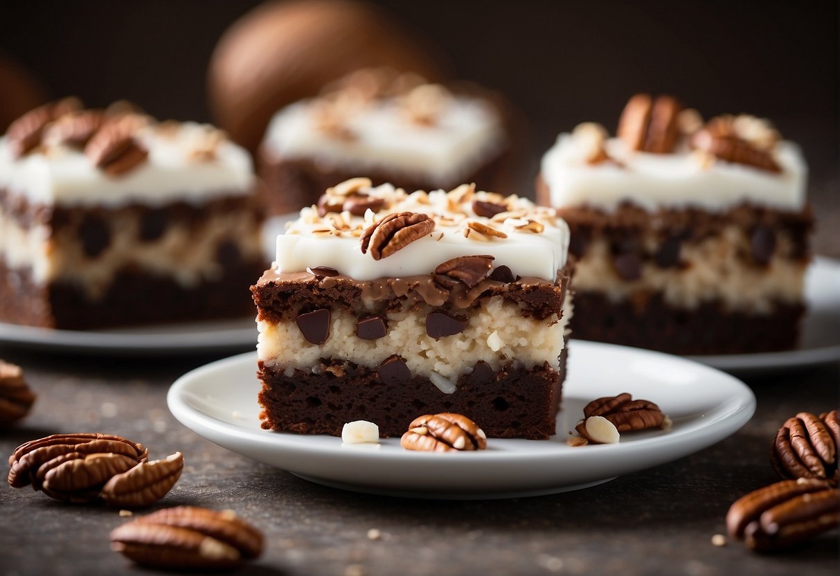 Coconut and pecans scattered on frosted brownies