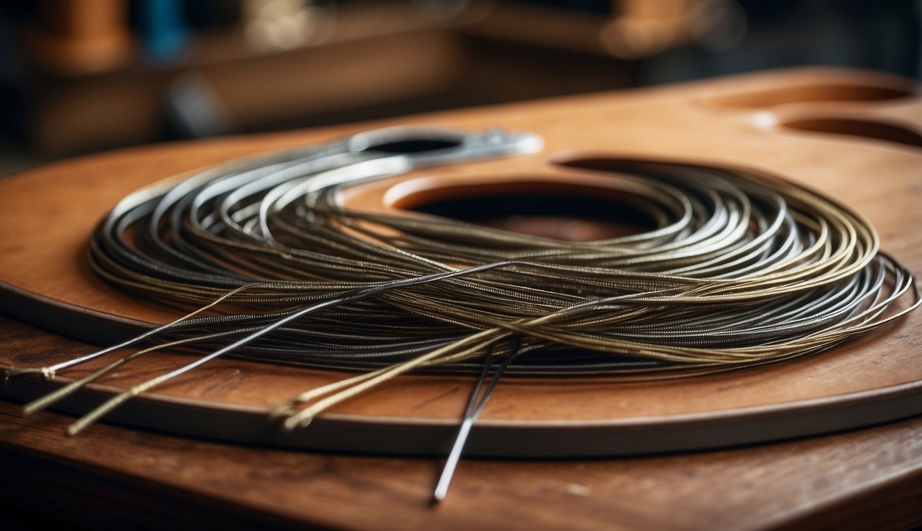 A variety of guitar strings of different thicknesses lay scattered on a workbench, with a ruler nearby for measuring their gauges