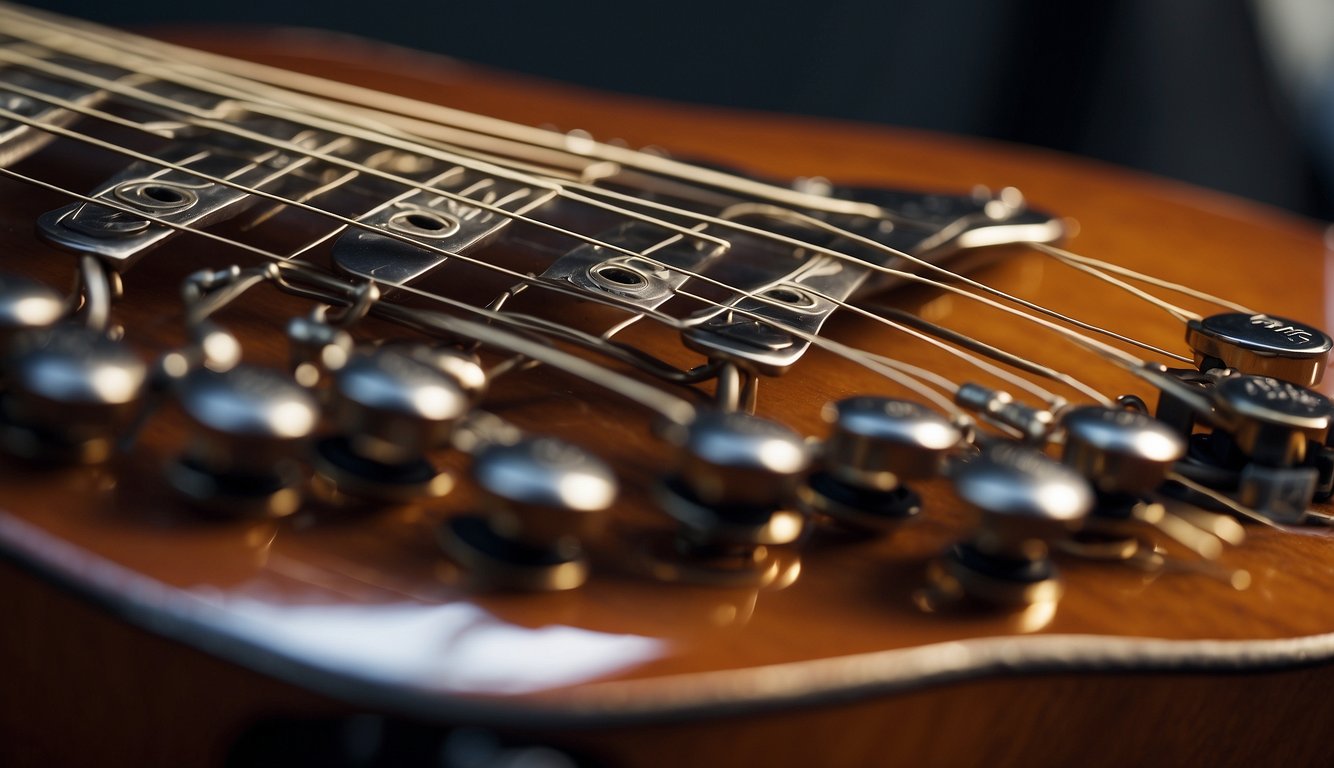 A close-up of guitar strings of varying thickness, with a focus on the gauges and their impact on tone