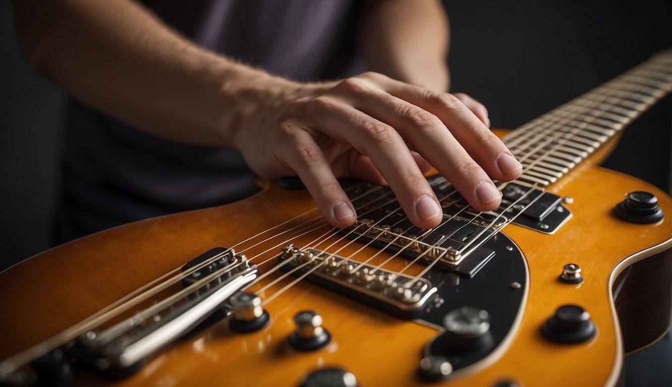 A hand reaches for a set of guitar strings, examining the different gauges. A chart on the wall explains how string gauges affect tone and playability