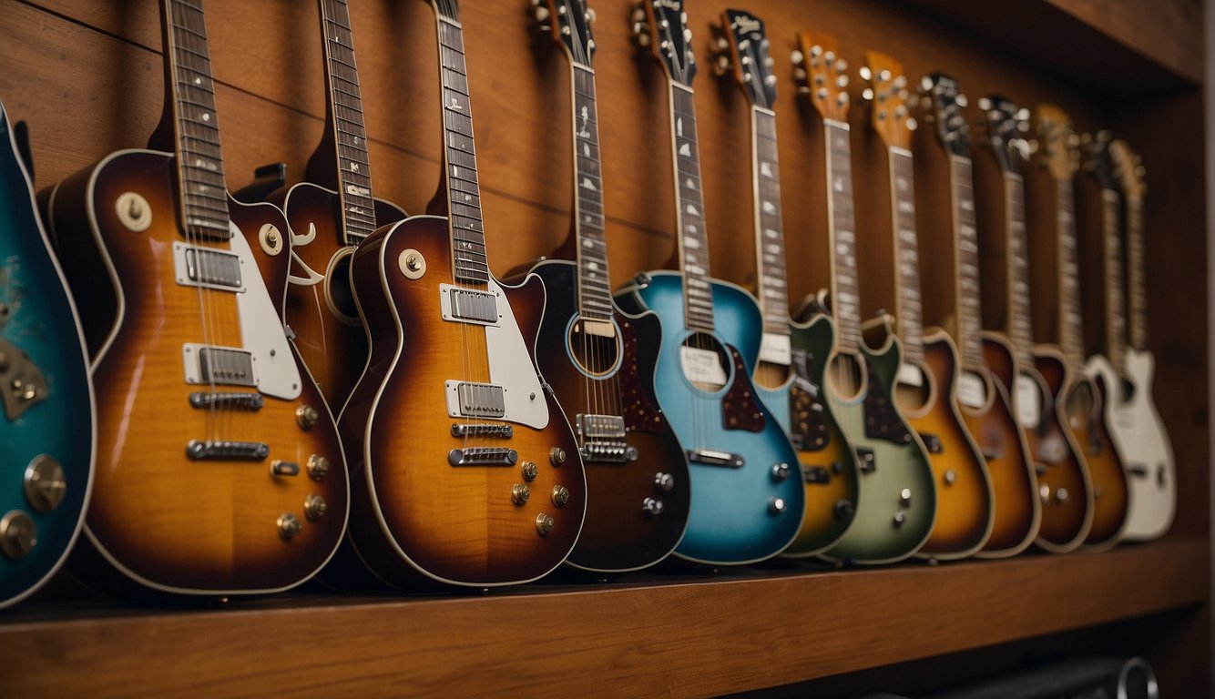 A collection of guitars representing different music genres, each with varying string gauges, displayed on a wall