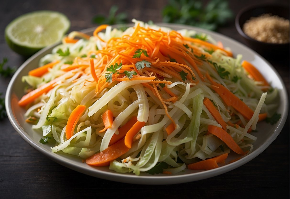 A vibrant mix of shredded cabbage, carrots, and herbs, dressed in a tangy and spicy Thai-style vinaigrette. The colors and flavors symbolize the fusion of traditional Thai cuisine with modern influences
