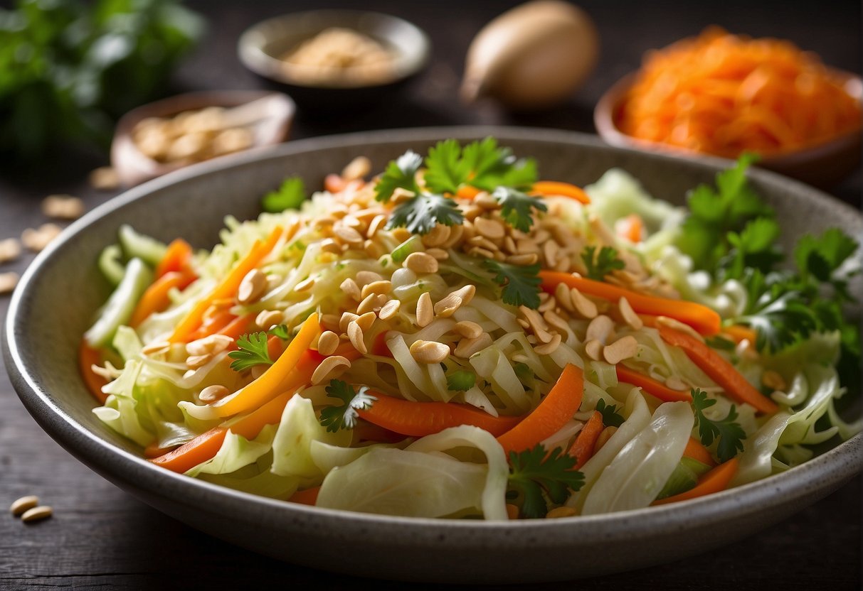 A vibrant bowl of shredded cabbage, carrots, and peppers tossed in a zesty Thai dressing, topped with crushed peanuts and fresh cilantro