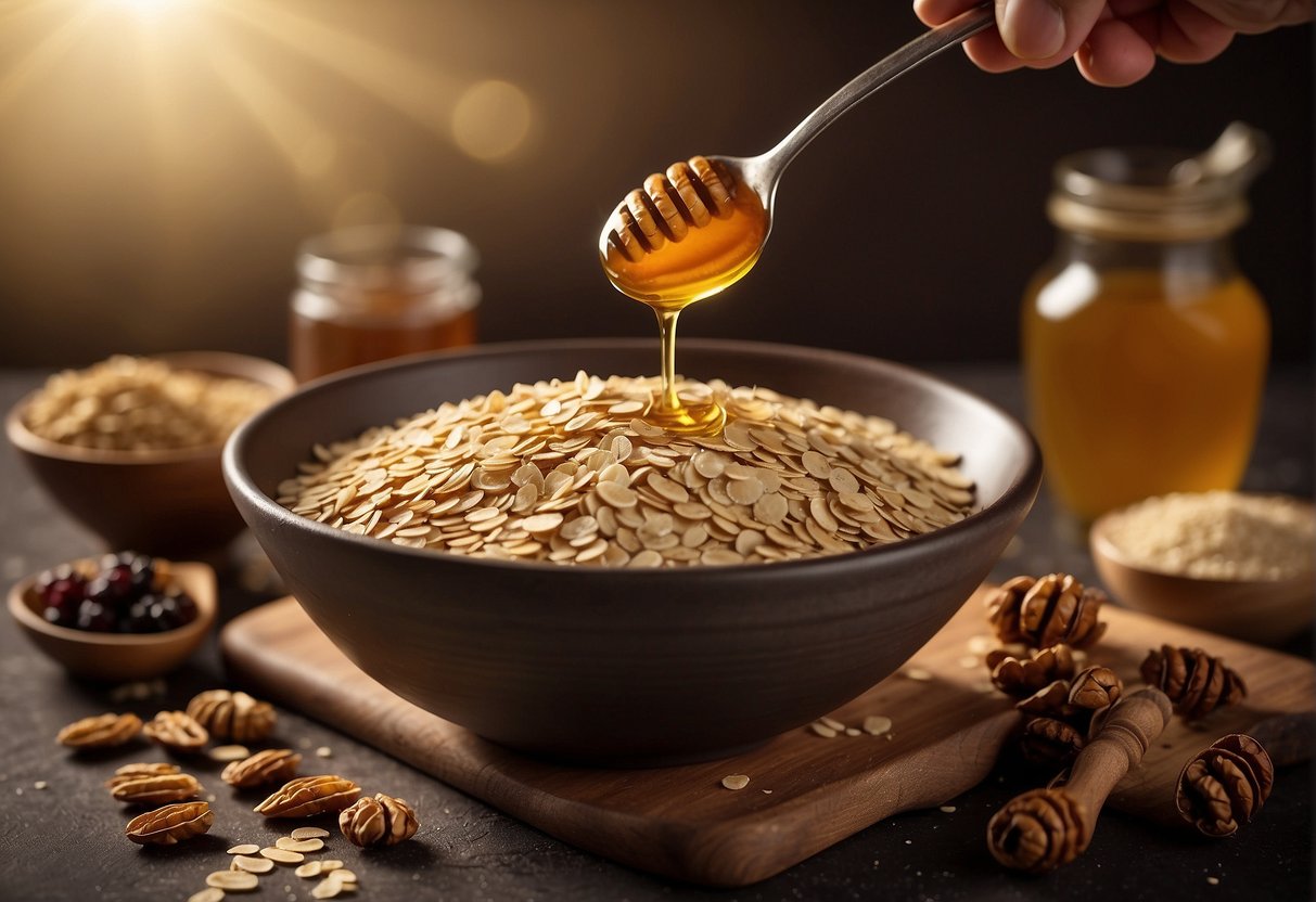 A mixing bowl filled with oats, raisins, and flour. A hand pouring honey into the bowl. A spoon stirring the ingredients together