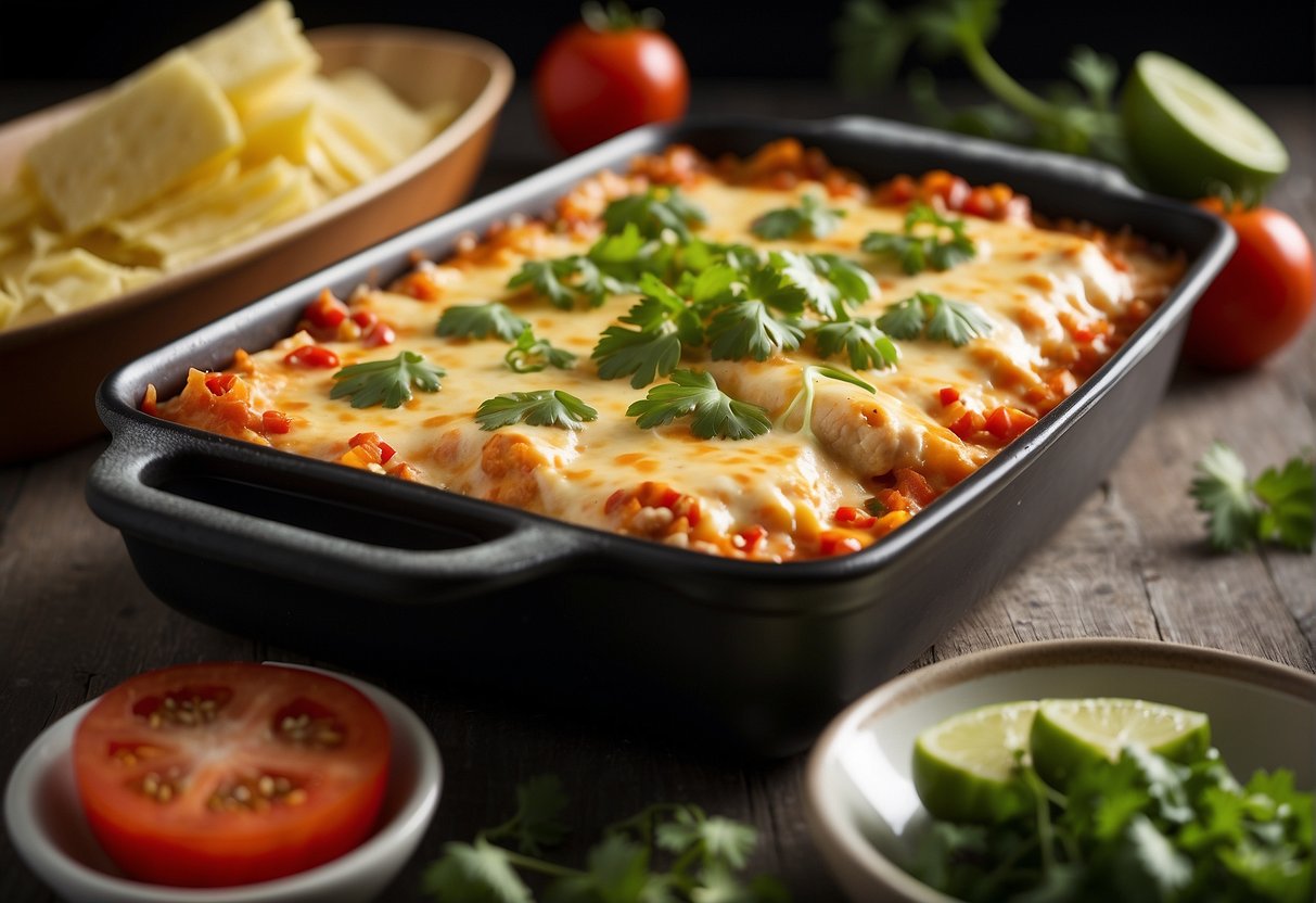 A bubbling casserole dish filled with creamy chicken enchilada, topped with melted cheese and garnished with fresh cilantro and diced tomatoes