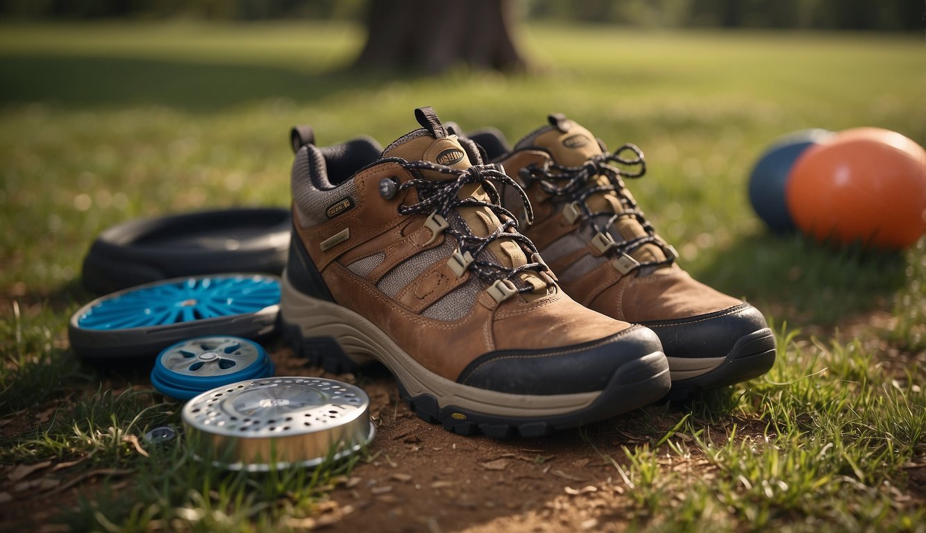 A pair of Keen Voyageur Hiking Shoes sits on the grassy ground next to a disc golf basket, surrounded by a few disc golf discs scattered nearby