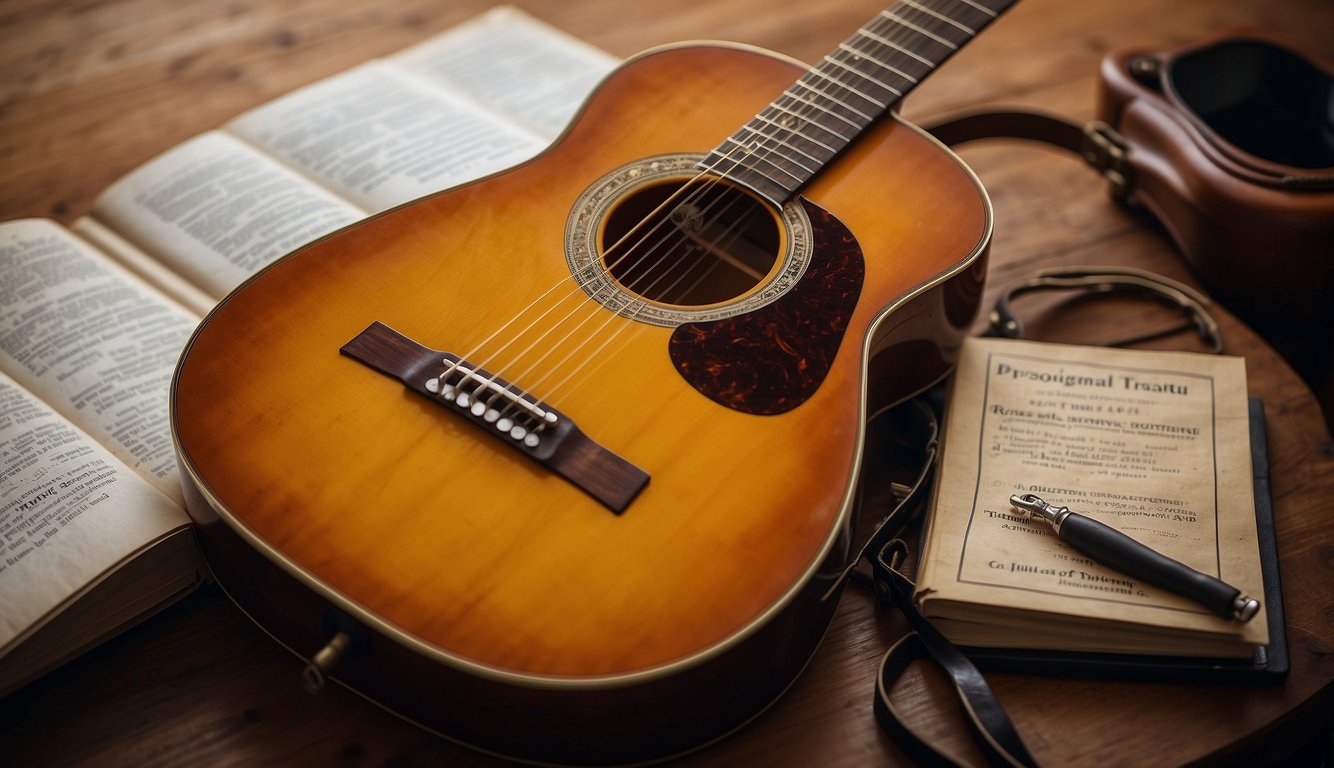 A guitar with nylon strings lies on a wooden table, surrounded by a beginner's guide book and a tuning tool