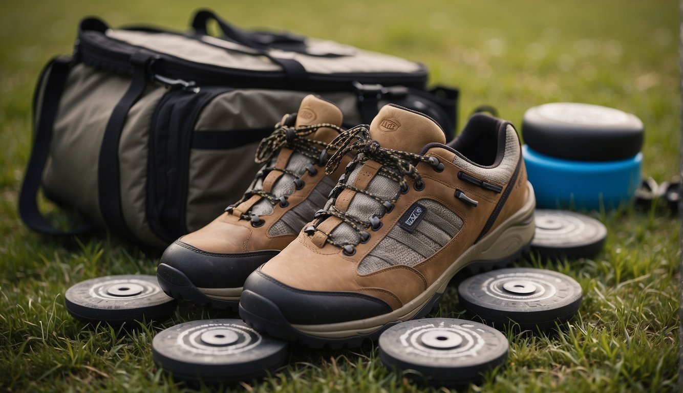 A pair of Keen Voyageur Hiking Shoes placed next to a disc golf bag and a set of discs on a grassy field
