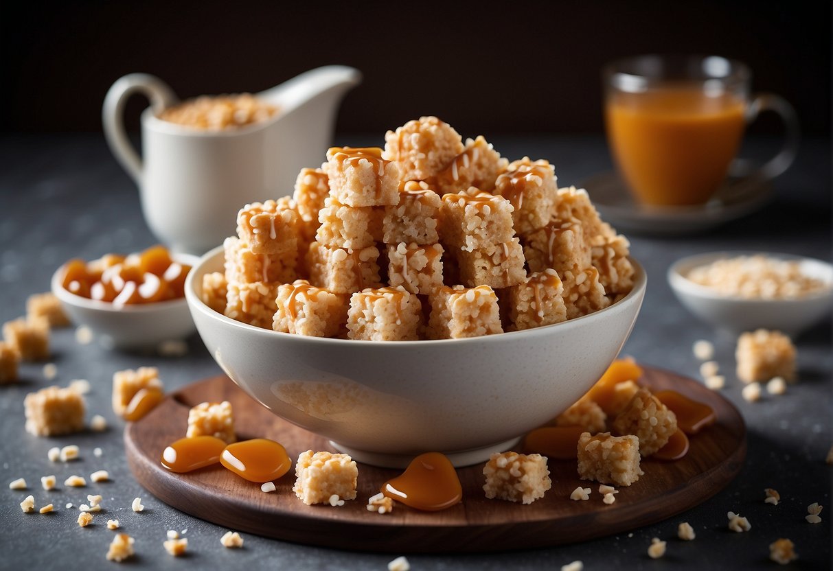 A bowl of rice krispy treats drizzled with salted caramel, surrounded by scattered caramel and salt flakes
