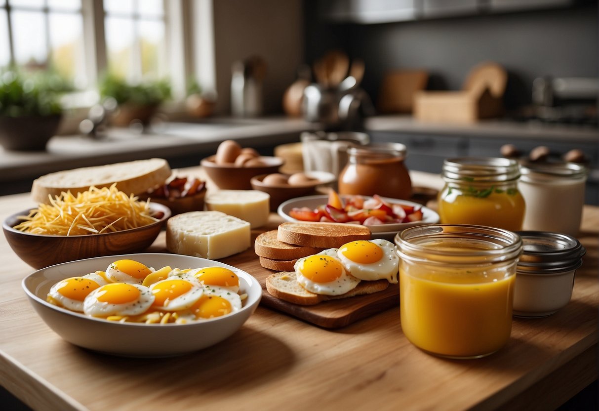 A kitchen counter with a variety of ingredients like eggs, cheese, bacon, and English muffins laid out for assembling make-ahead breakfast sandwiches
