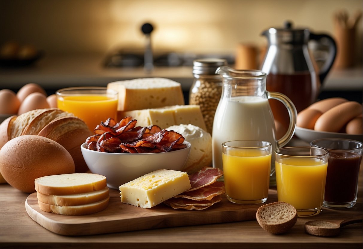 A variety of essential breakfast ingredients and substitution options are displayed on a kitchen counter, including eggs, cheese, bacon, and a selection of breads and English muffins