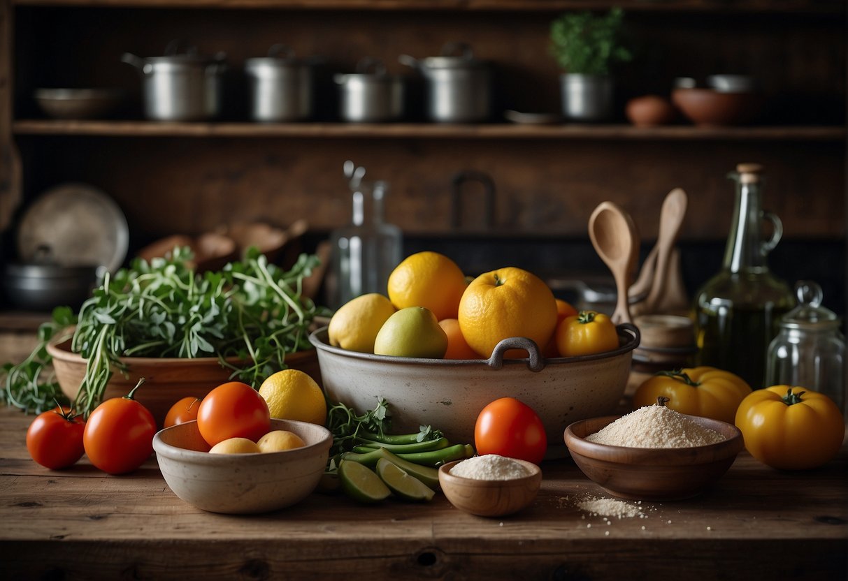 A rustic kitchen table with fresh ingredients and vintage cookware, evoking a sense of tradition and culinary heritage
