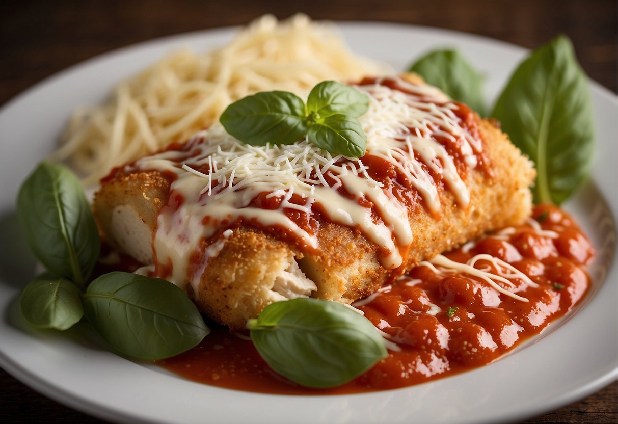 A plate with chicken parmigiana rollatini, topped with melted cheese and marinara sauce, surrounded by fresh basil leaves and a sprinkle of grated Parmesan cheese