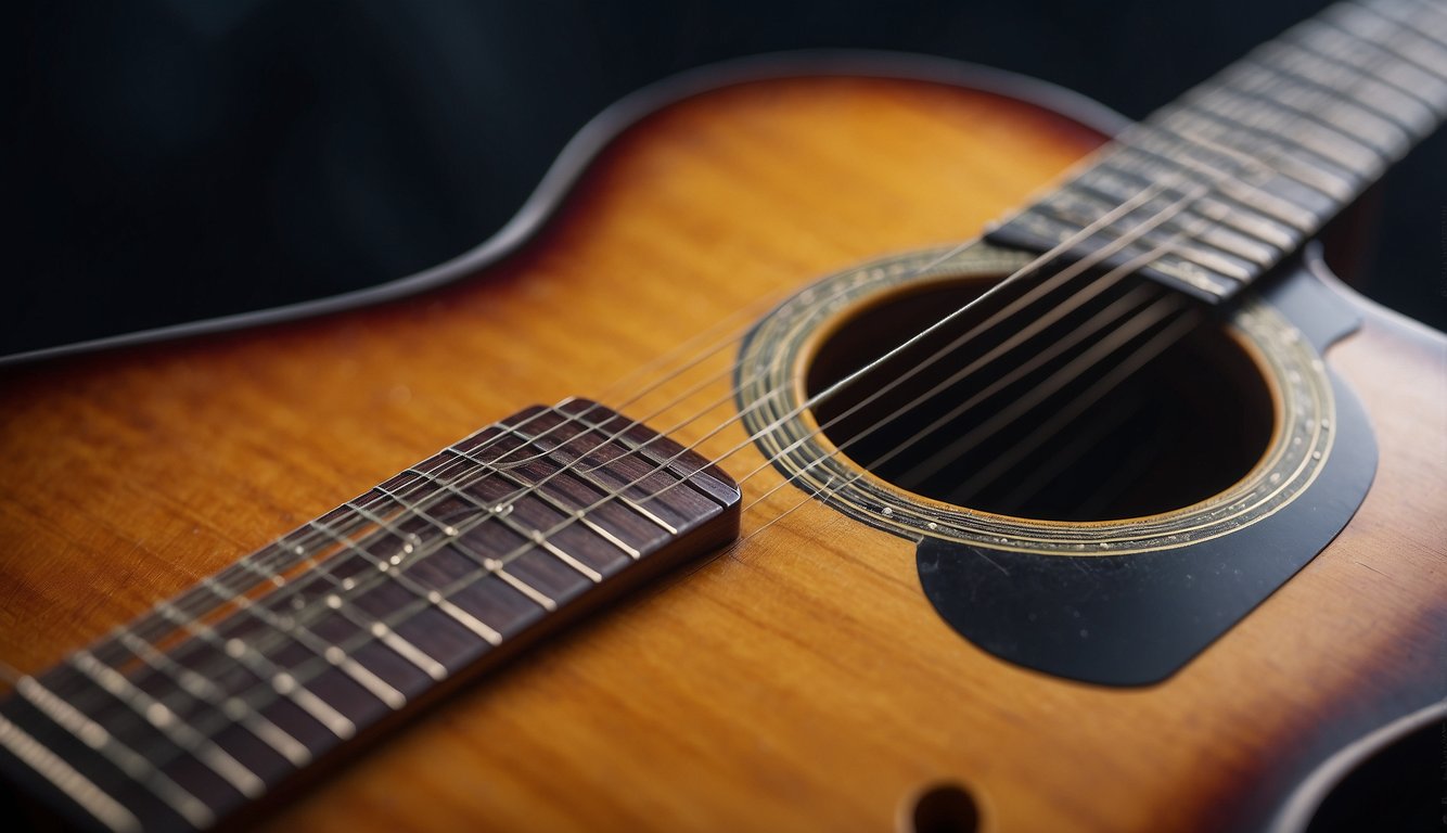 Guitar strings emit a pungent odor, surrounded by a cloud of invisible particles. The strings appear taut against the fretboard, with a slight sheen from accumulated oils and sweat