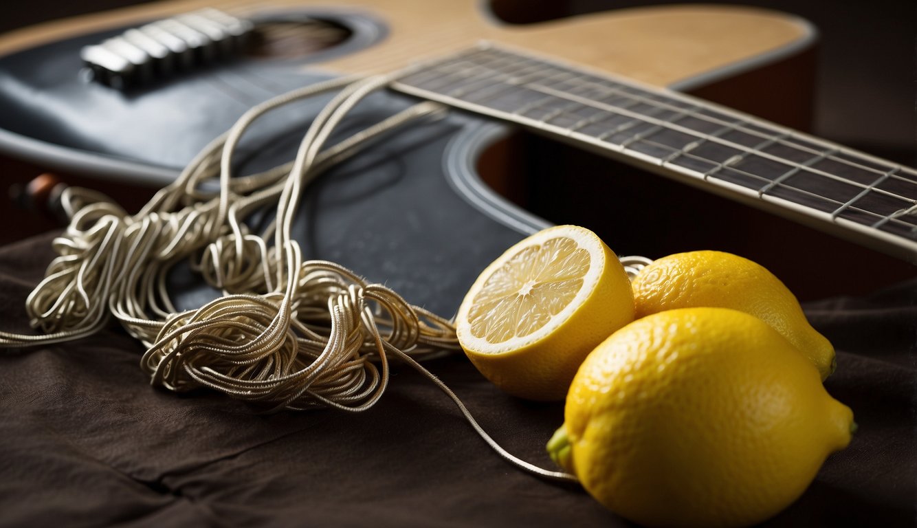 Clean guitar strings with a lemon-scented cleaner. Use a cloth to remove dirt and oils. Keep the guitar in a dry, well-ventilated area